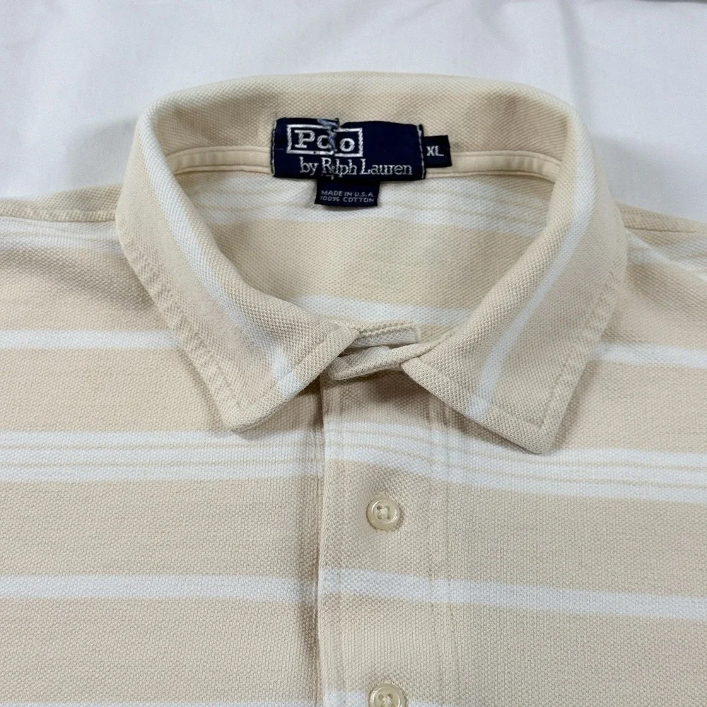 Vintage Polo Ralph Lauren Stripe Polo Shirt Mens XL Pocket USA Beige Cotton